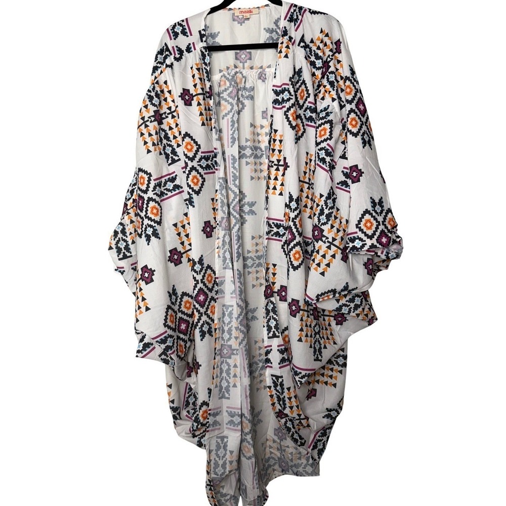 Mazik Womens Tribal Geometric Print Kimono Wrap Open Front White Large Boho